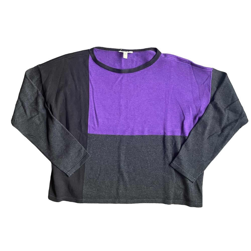 Eileen Fisher Sweater Colorblock Boxy Purple Organic Cotton Tencel Silk PM